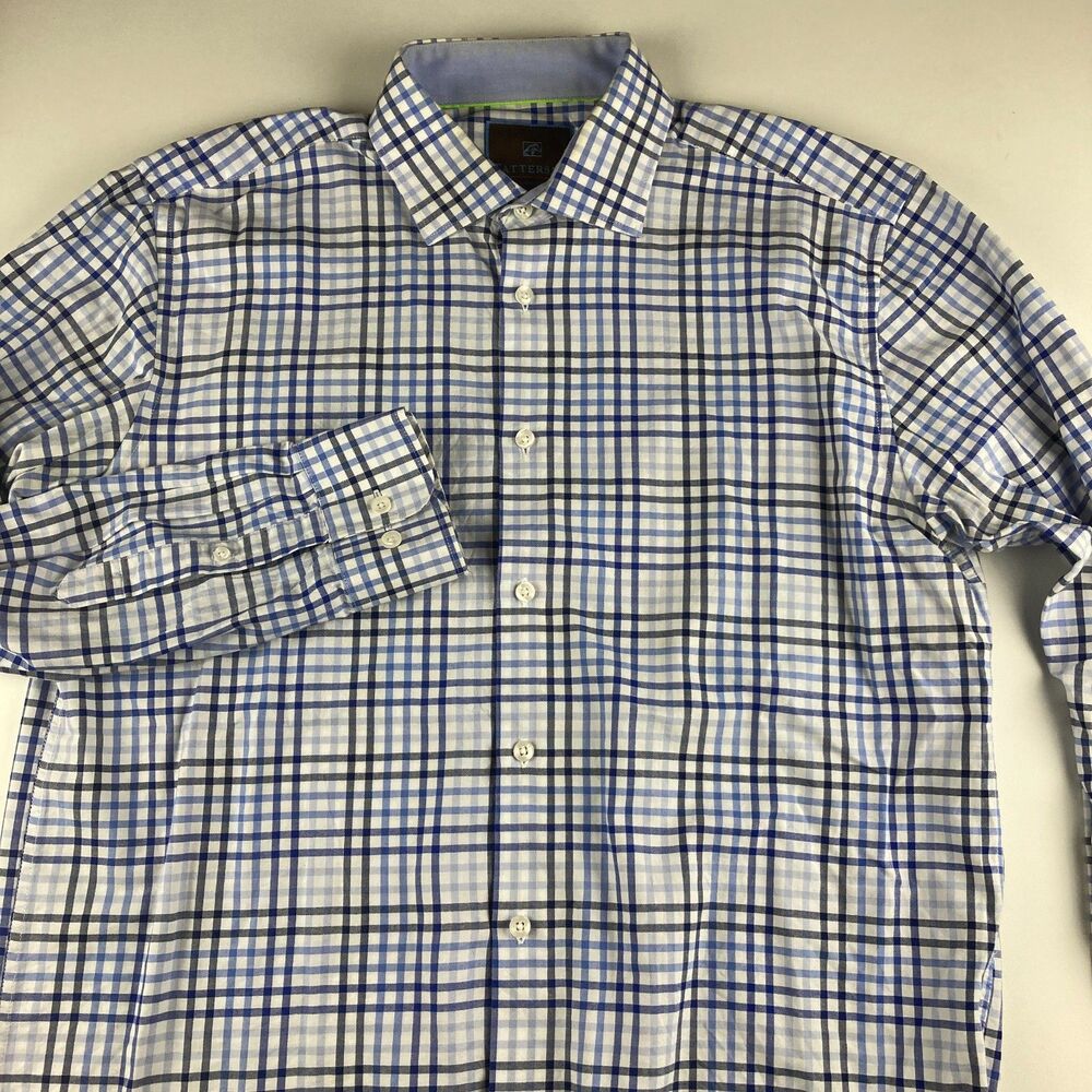 Tattersall London Shirt Mens 16.5 34/35 Blue Plaid Button Down Cotton